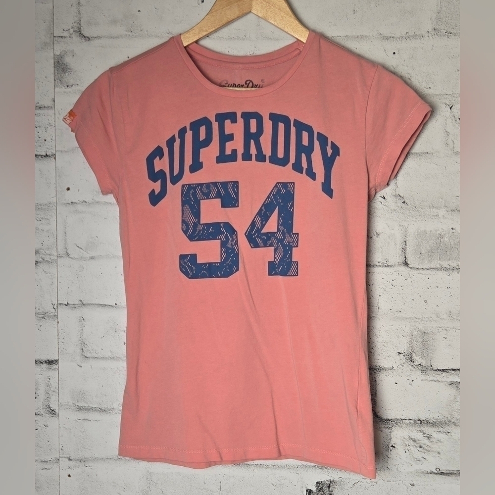 Superdry Womens Small Coral Pink Varsity 54 Graphic Logo T Shirt